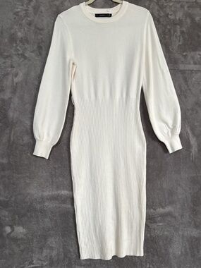 HAEOF Women’s Long Sleeve Bodycon Sweater Dress Ivory Size Large